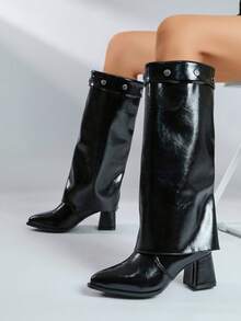 Women's Rivet Trim Fashion Detachable 2-In-1 Knee-High Boots, Black Pointed Toe Chunky Heel Wide Shaft Tall Boots, Autumn/Winter Street Party Versatile Boots - Black - View 2