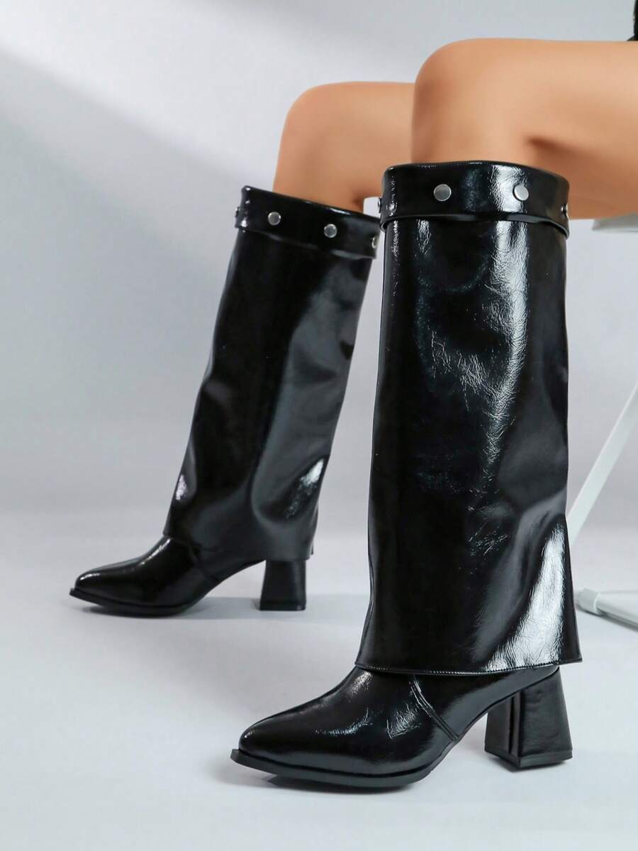 Women's Rivet Trim Fashion Detachable 2-In-1 Knee-High Boots, Black Pointed Toe Chunky Heel Wide Shaft Tall Boots, Autumn/Winter Street Party Versatile Boots