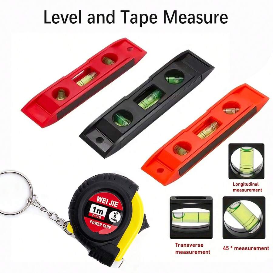 Mini Bubble Level & 1m Keychain Tape Measure Set, Colorful Torpedo-Shaped Level, Portable Retractable Tape Measure, DIY Home Repair Construction Hand Tool Kit - Spirit Level - View 1