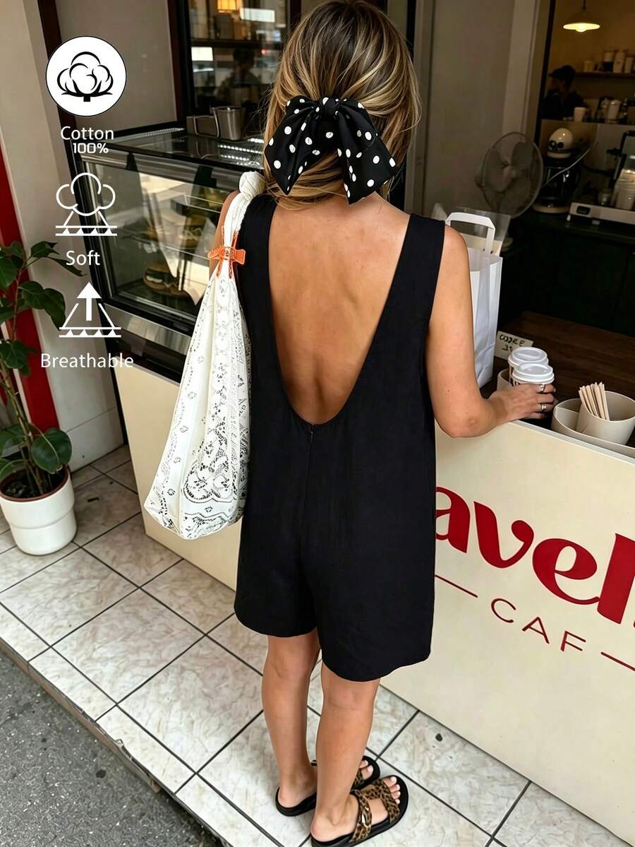 DORISS 夏季杏色無袖背心寬鬆短版連身褲，棉麻材質，適合休閒穿著、工作或旅行，黑色