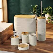 Bathroom Accessories Set 4 Pcs/6 Pcs, Wash Set With Bamboo Lid Opposite Straps/EssentialsBath Accessories, DecorationBathrooms - White - View 7