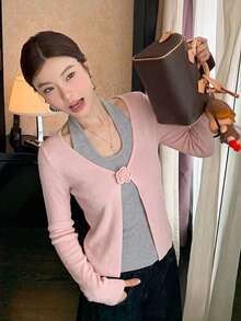 Sweater Rajut Leher Halter 2-in-1 Motif Bunga 3D untuk Wanita, Desain Musim Gugur/Dingin, Ramping, Elegan, Niche, Lengan Panjang, Atasan Pullover - Berwarna merah muda - View 4