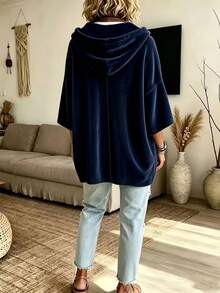 Plus Size Women's 3/4 Sleeve Solid Color Gold Velvet Casual T-Shirt Top, Autumn/Winter - Navy Blue - View 3