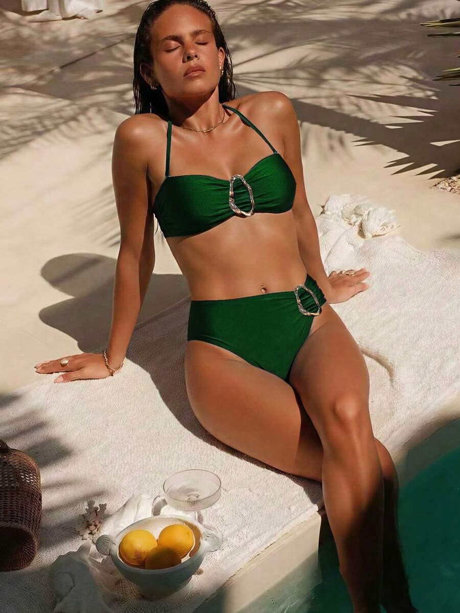 Women's Solid Color Halter Bikini 2 Pieces Set With Metal Accent, Suitable For Island Vacation Beach Summer - Dark Green - View 1