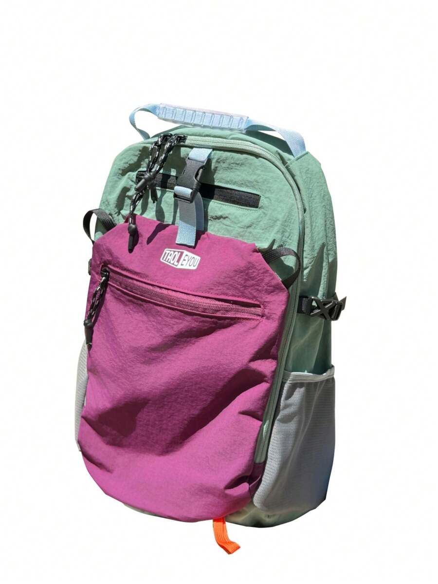 Casual Outdoor Colorblock Hiking Backpack, Multi-Pocket Zipper Design, Padded Shoulder Straps, Travel & Trekking Backpack For Men And Women - Green Pink - View 1