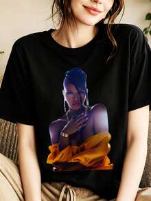 Cassie Ventura Grafik-T-Shirt 100% Baumwolle für Damen, Oversized, Y2K, Konzert-Outfit, Rundhals-Kurzarm-Top - Schwarz - Übersicht 1