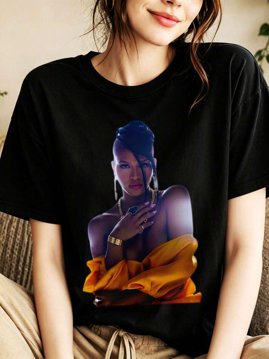 Cassie Ventura Grafik-T-Shirt 100% Baumwolle für Damen, Oversized, Y2K, Konzert-Outfit, Rundhals-Kurzarm-Top - Schwarz - Übersicht 1