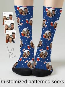 1 Pair Customizable Men's Mid-Calf Socks With Face Pattern, Can Print Any Face On Socks, Personalized Photo Socks, Fun Customized Image Mid-Calf Socks, Suitable For Valentine's Day, Birthday, Gift, Halloween And Other Occasions, Personalized Christmas - Multicolor - View 2