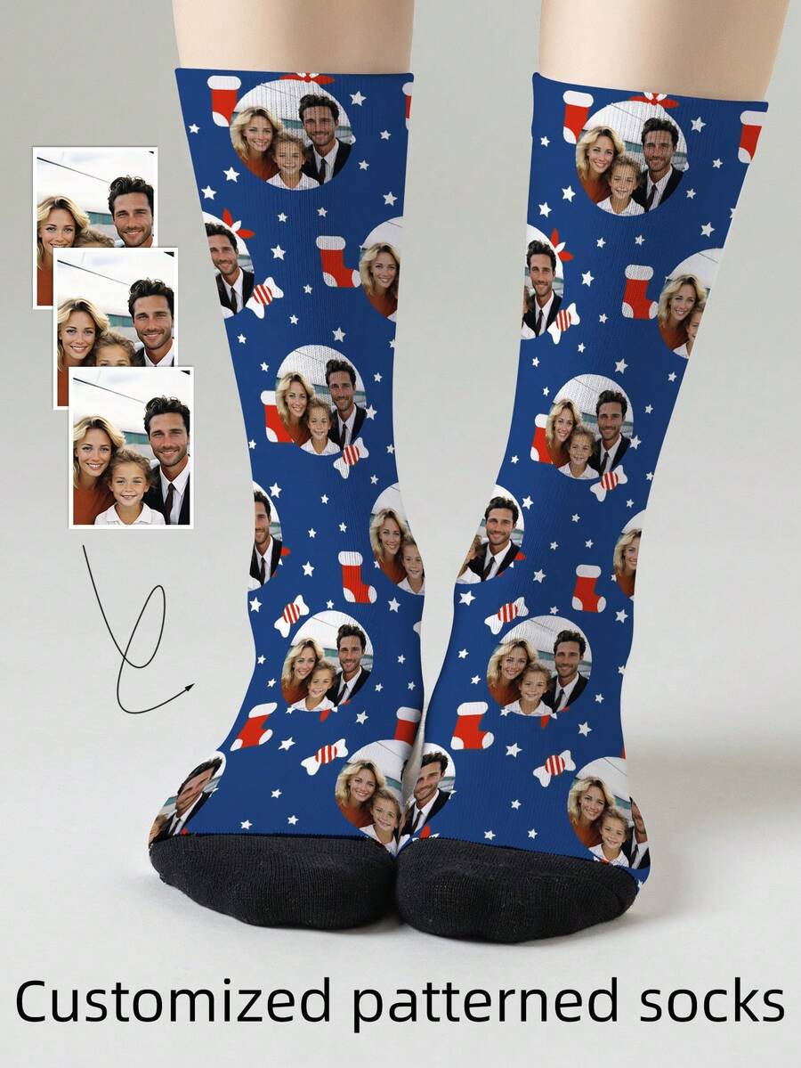 1 Pair Customizable Men's Mid-Calf Socks With Face Pattern, Can Print Any Face On Socks, Personalized Photo Socks, Fun Customized Image Mid-Calf Socks, Suitable For Valentine's Day, Birthday, Gift, Halloween And Other Occasions, Personalized Christmas
