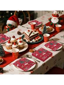 100PCS/Set Christmas Tree Print Napkins, Festive Red Print Napkins With Christmas Tree And Reindeer Pattern, Perfect For Christmas Holiday Party Table Decor, Hotel Table Decor, Restaurant Holiday Party, Home Table Decor, Christmas Oil Painting Style - Multicolor - View 8