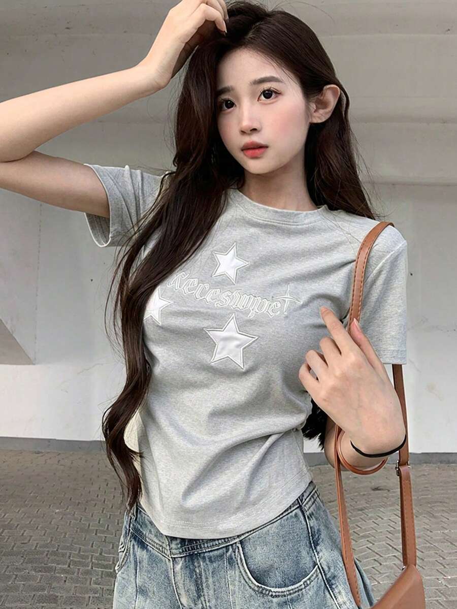 女士夏季休闲刺绣插肩修身圆领上衣 - 灰色 - 查看 1