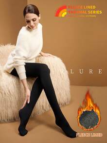 MOIRÉALLURE 1雙裝女款抓絨內裡褲襪，加厚保暖秋季冬季穿著 - 黑色 - 查看 4