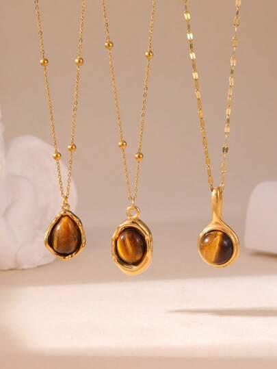 GEREIT 1 pieza Collar con colgante de piedra de ojo de tigre asimétrico chapado en oro de 18K de acero inoxidable para mujeres