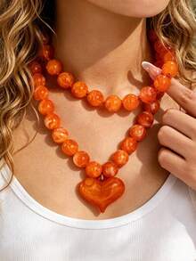 OABE 2pcs/Set Bohemian Style Orange Round Beaded Necklace Set With Heart Pendant Layering Design, Suitable For Daily/Holiday Wear - Orange - View 1
