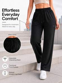 Women's Casual Straight Leg Pants With Elastic Drawstring Waist And Front Pockets, Relaxed Everyday Trousers - Black - View 1