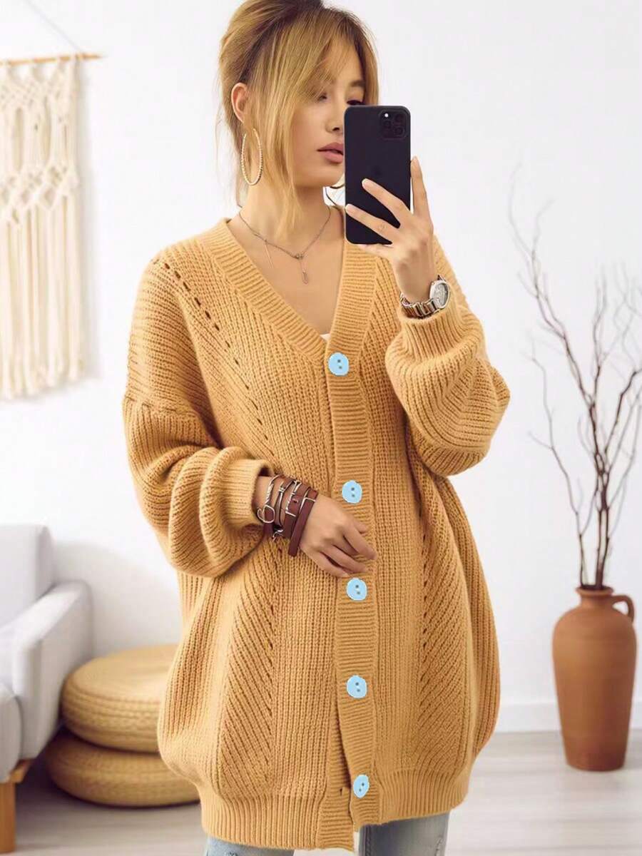 Cardigan Rajut Wanita Ukuran Besar Warna Khaki Dasar, Leher V, Tekstur Bergaris, Penutup Kancing Depan, Atasan Longgar Kasual, Musim Gugur/Dingin - Kuning - View 1