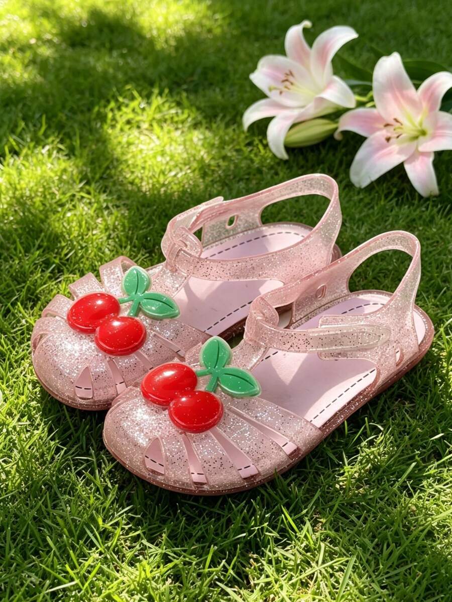 HAHABOBO New Girls' Pink Jelly Cherry Decor Sandals, Adjustable Buckle Versatile Vacation Kids Shoes - Pink - View 1