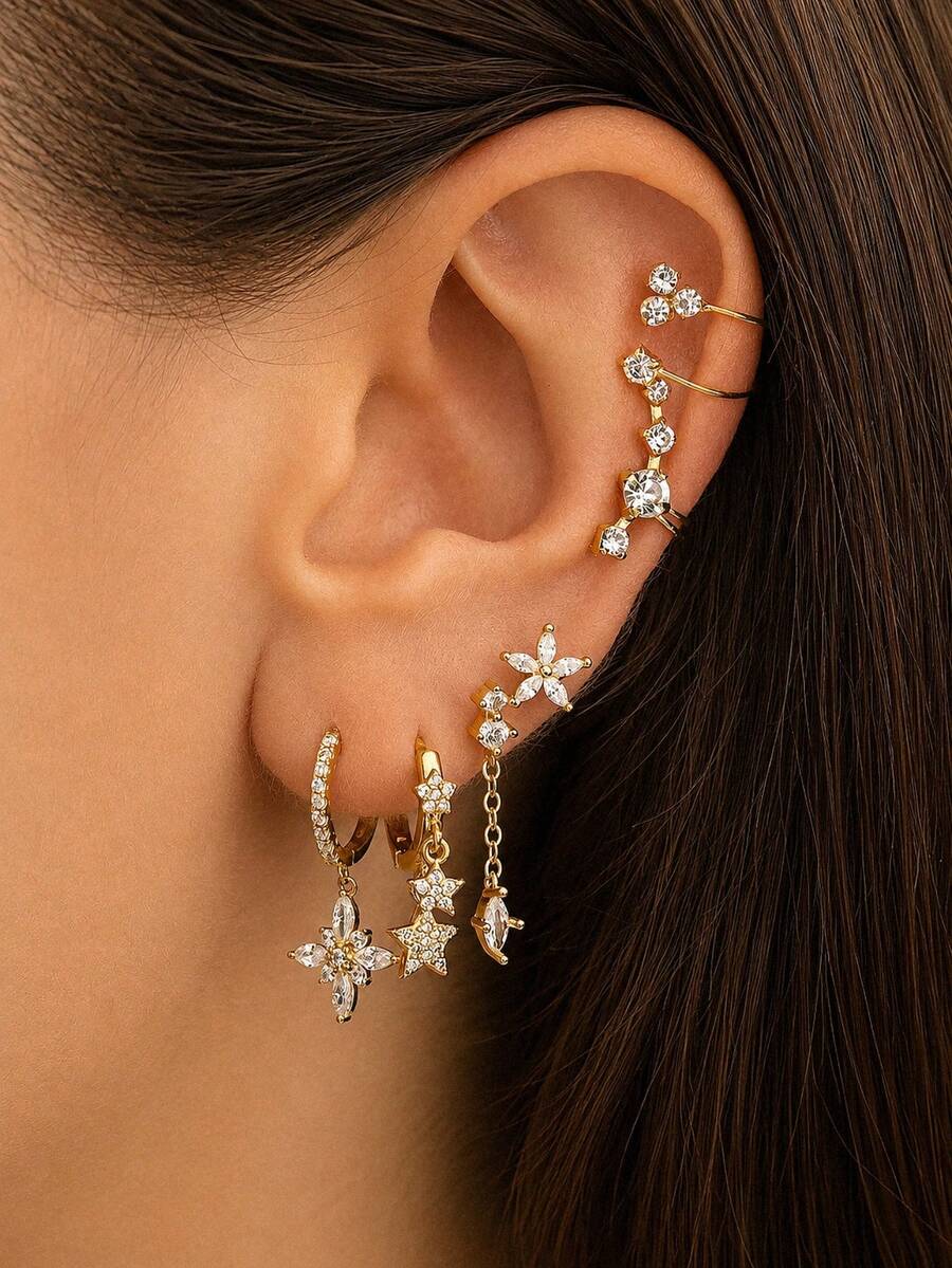 6pcs Earring Sets Earrings Stack Ear Cuff Stack Golden Silvery Zirconia Star Drop Women Party Daily Wear Gifts For Friends