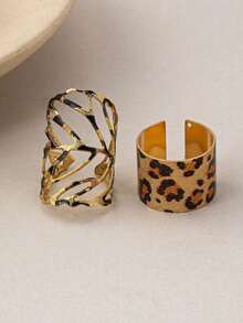 2pcs Fashionable Exquisite Elegant Retro Leopard Print & Leaf Combination Open Ring, Suitable For Women's Daily Wear - Multicolor - View 3