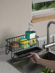 Kitchen Sink Sponge Holder, Metal Sink Storage Rack With Drainage Tray, Faucet Mounted And Countertop Mounted Sponge Brush Soap Storage Rack, Kitchen Sink Storage Basket Sponge Brush Holder With Drainage Tray Sink Rack - Multicolor - View 11