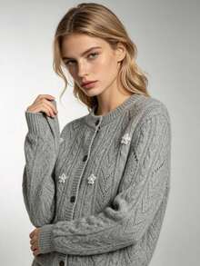 Women's Floral Embroidered Pointelle Cable Knit Cardigan, Jacke Damen Herbst Crew Neck Button Front,Jacken Herbst Fall Slim Versatile Casual Outerwear - Grey - View 6