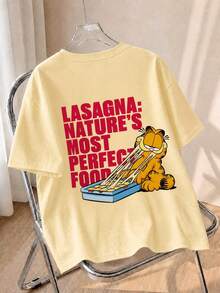 Pale Yellow Oversized Tee, Back Lasagna Lover NATURE'S MOST PERFECT FOOD Print Loose Casual Summer - Yellow - View 1