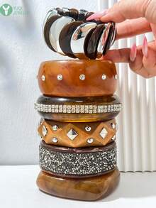Vintage Amber Pattern Wide Cuff Bracelet Set, Rhinestone & Studded Patchwork Design Layered Bangles, Niche Accessory For Women - Multicolor - View 1
