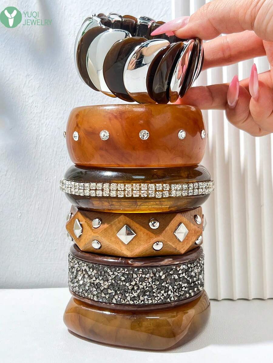 Vintage Amber Pattern Wide Cuff Bracelet Set, Rhinestone & Studded Patchwork Design Layered Bangles, Niche Accessory For Women - Multicolor - View 1