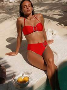Women's Solid Color Flat Chest Halter Bikini Two Pieces Set, With Metal Accessories In The Middle, Suitable For Island Vacation Beach Red Summer - Red - View 1
