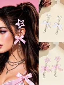 2pcs Hollow Star Hair Clips With Pearl Chain Bow & Angel Pendant Side Clips, Sweet Cool Style, Suitable For Party, Date, Daily Wear, Photography, Personalized Hair Accessories For Girls - Multicolor - View 1