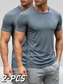 2pcs Men's Solid Color Crew Neck Short Sleeve T-Shirts, Casual Fashion Home Wear For Spring, Summer And Autumn, Suitable For Casual Wear, Daily Activities, Fitness - Multicolor - View 1