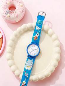 4pcs/Set Space Astronaut Children's Quartz Watch, Cartoon Silicone Strap, Elementary School Boys Fun Time Cognition Wristwatch Gift. Holiday Gift, Birthday Gift, Christmas Gift And Other Accessories - White - View 5