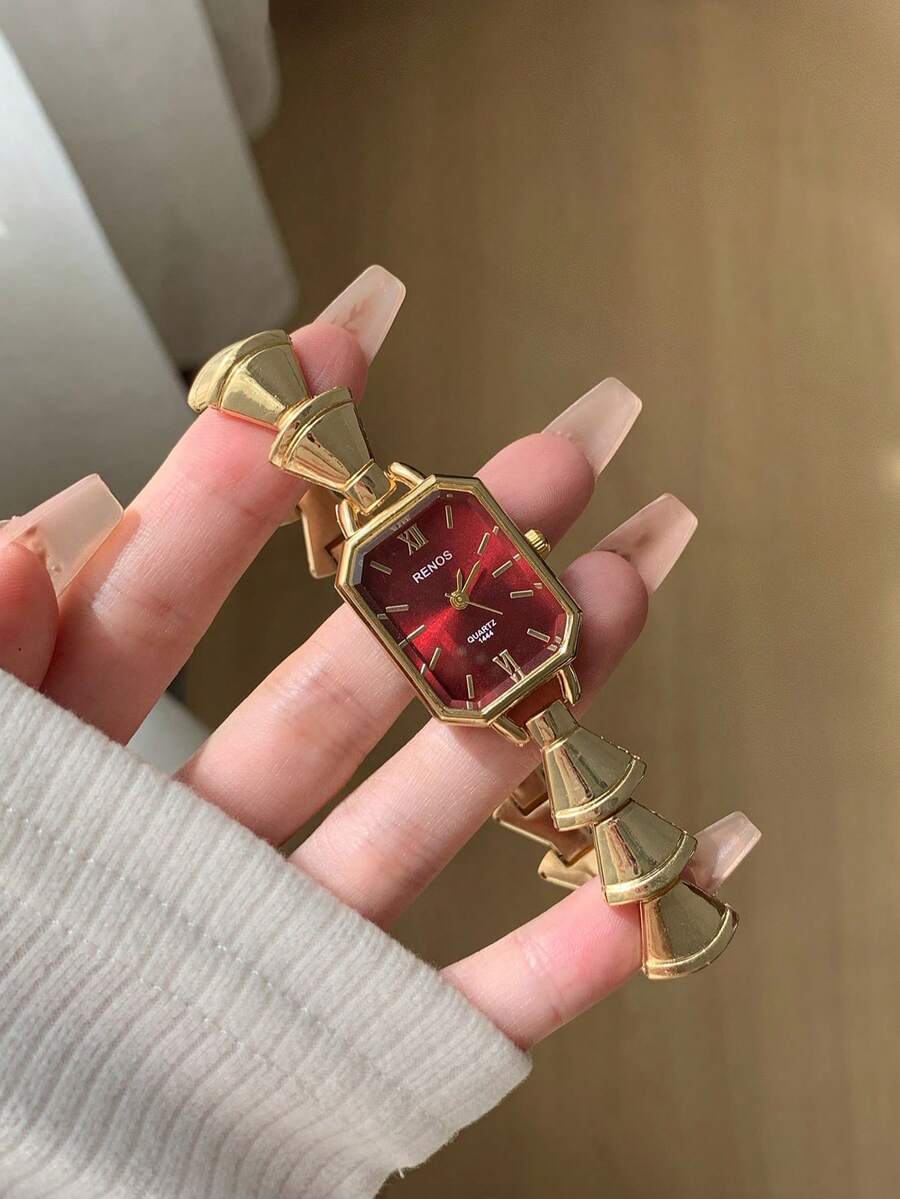 紅色錶盤極簡刻度獨特錐形鏈條金屬錶帶時尚方形石英女款腕錶,適合日常、派對、約會,送禮佳品 - 金色 - 查看 1