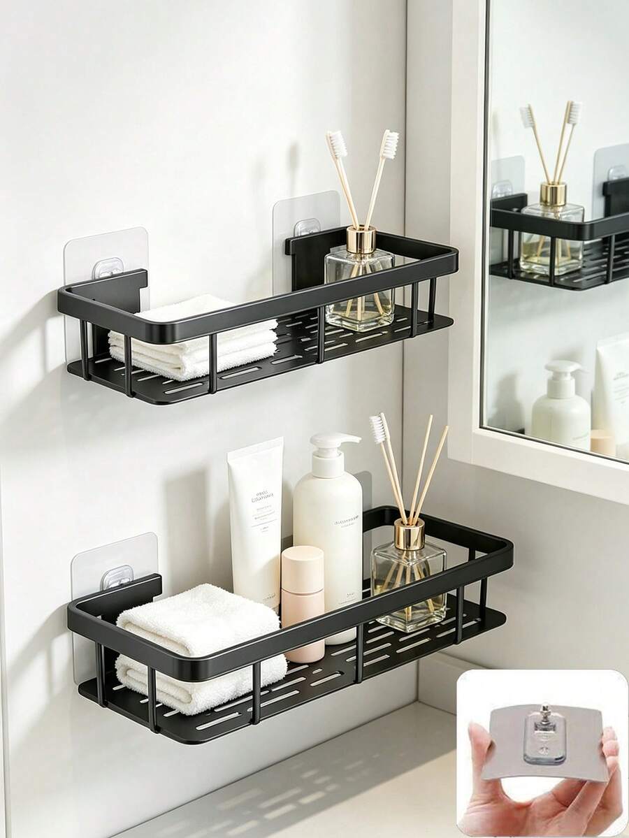 Bathroom Storage Rack, No-Drill Wall-Mounted Black Shower Caddy, Designed For Toiletries; Minimalist Corner Shower Storage Rack, Bathroom Toiletries Organizer. Suitable For Home, Rental, Dorm - Multicolor - View 1