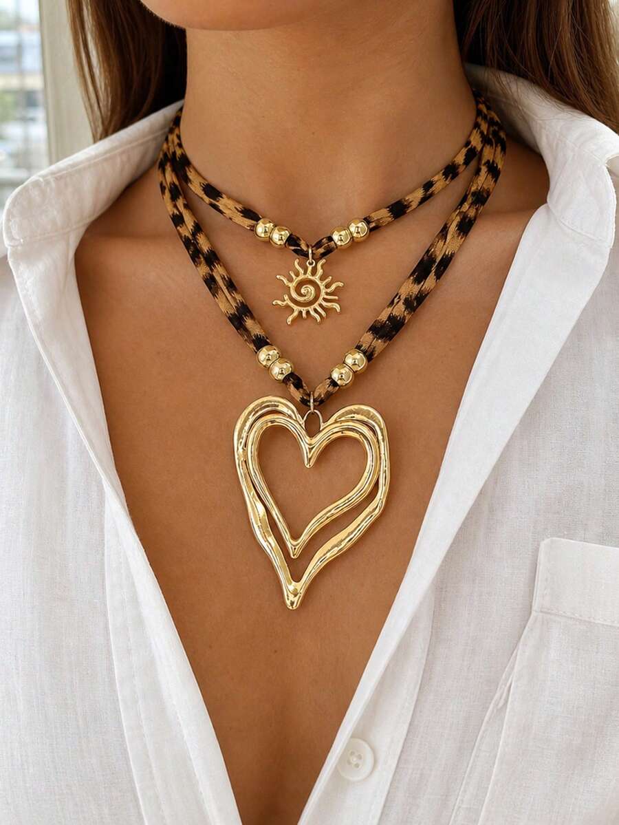 2pcs Bohemian Western Style Double Layer Leopard Print Cord Necklace, Gold Bead Heart Pendant, Suitable For Daily Wear - Multicolor - View 1