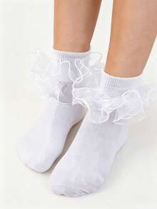 3 Pairs Baby Girls Solid Color Big Ruffle Lace Trim Cotton Tutu Dance Socks For Spring Summer Autumn Halloween Christmas Gift - Multicolor - View 4