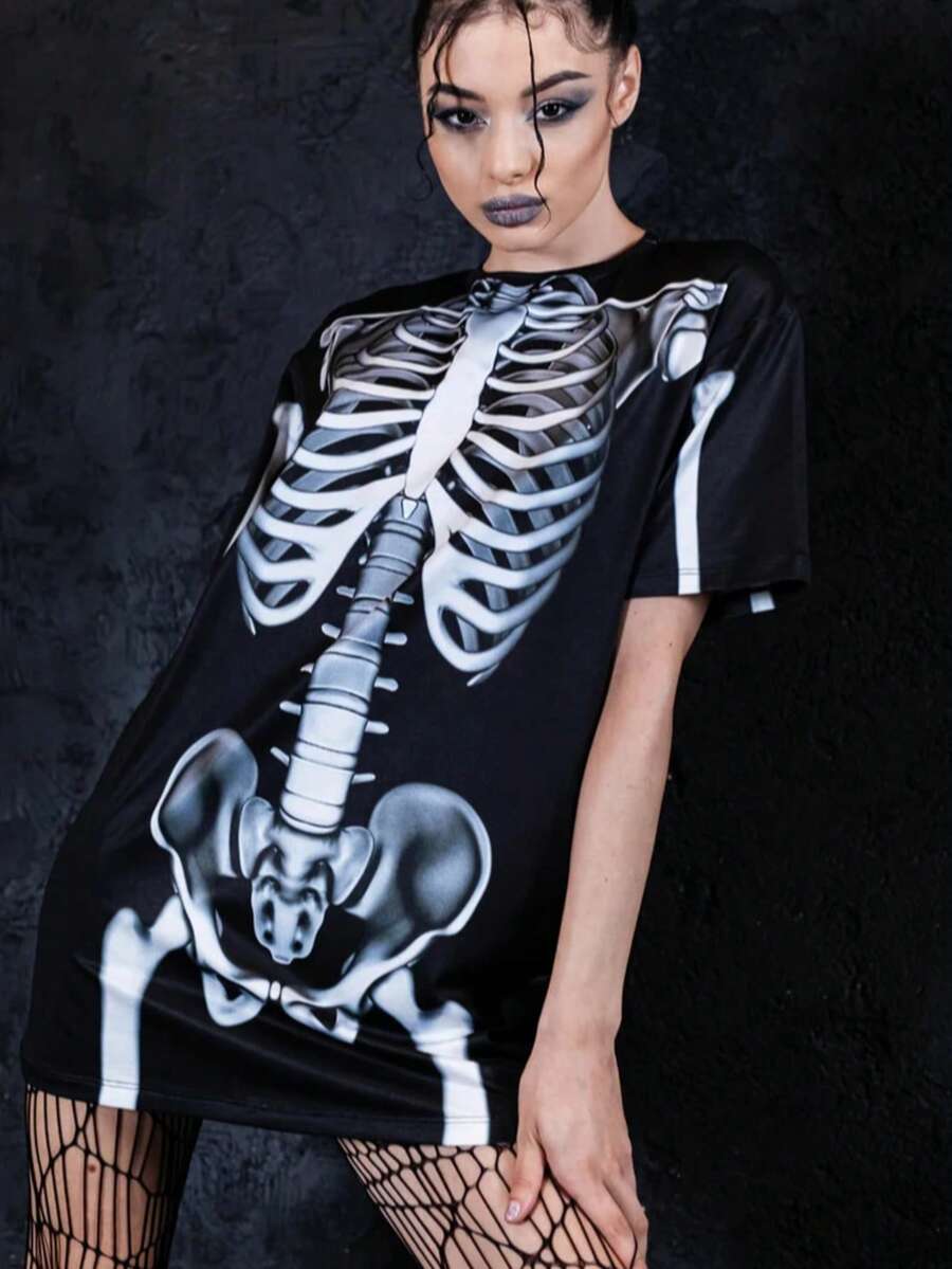 Playera negra unisex manga corta, estampado full print de esqueleto morado metálico en espalda y mangas, estilo cyberpunk gótico Halloween Fiestas del Día de Muertos Camiseta cuello circular