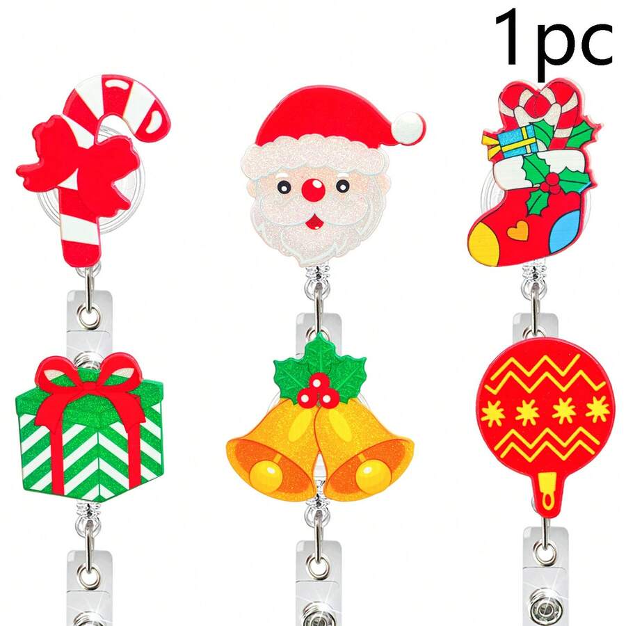 1pc Christmas Retractable Badge Reel, Candy Bell Gift Pattern ID Holder, Suitable For Nurses, Doctors, Teachers, Back To School, Halloween, Christmas - A - View 1