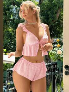 2pcs/Set Women's V-Neck Hollow Sexy Sleepwear, Front Slit Tank Top & Shorts Set, Ruffle Hollow Backless Loungewear Pajamas - Pink - View 4
