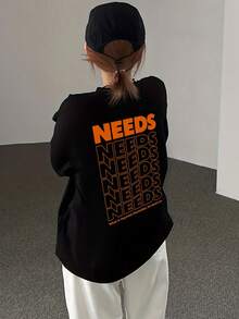 Women's Fashion Autumn/Winter Loose Minimalist Versatile Letter Print Long Sleeve T-Shirt Casual - Black - View 4