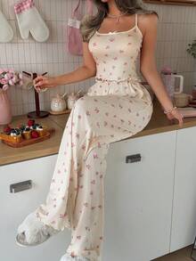 2pcs Ditsy Floral Women's Camisole Crop Top + Straight Leg Elastic Waist Long Pants Pajama Set, Cute Homewear - Yellow - View 3