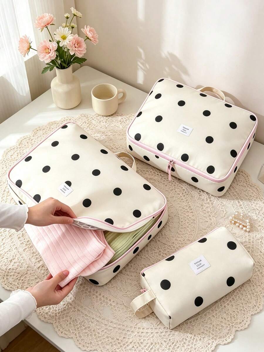 Polka Dot Print Travel Storage Bag Lightweight Travel Organizer Multi-Size Large Capacity Cosmetic Bag Toiletry Bag Clothing Storage Bag, Makeup Bag - Multicolor - View 1