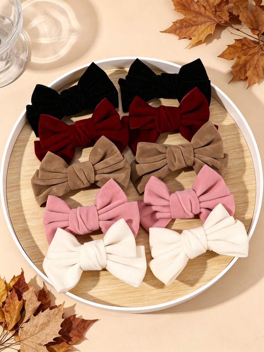 10PCS Velvet Bow Hair Clip For Girls Solid Color Autumn &Winter Fashion Hair Clip Suitable For Daily Girls And Kid's Hair Accessories - Multicolor - View 1