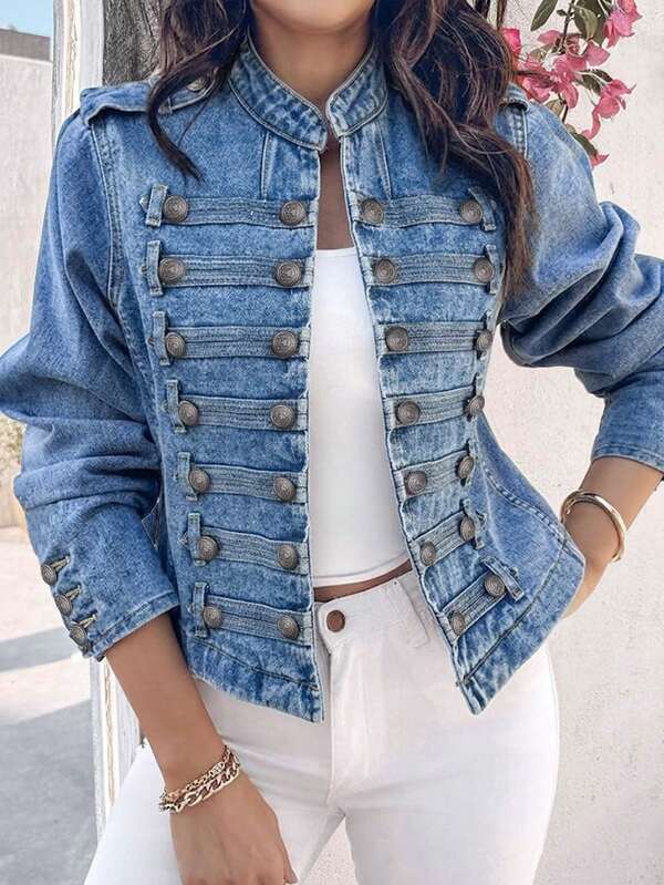 Women's Fashion Washed Denim Motorcycle Jacket, Stand Collar Long Sleeve Cropped, Gold Button Detail, Casual Vintage Street Style