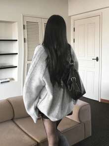 Women's V-Neck Long Sleeve Loose Cable Knit Casual Sweater - Light Grey - View 9