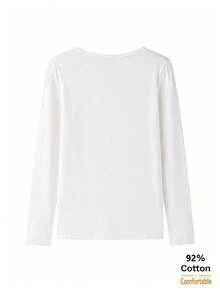 Women's Long Sleeve T-Shirt, White Large U-Neck Top, Versatile Autumn/Winter Slimming Solid Color Inner Layer Base Shirt - White - View 5