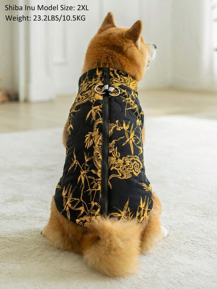 1pc Black & Gold Dragon Totem Print Gourd Style Pure Cotton Back Zipper Washable Pet Coat, Warm Dog Clothes For Autumn/Winter, Suitable For Large/Medium/Small Dogs And Cats, Indoor Or Outdoor Wear