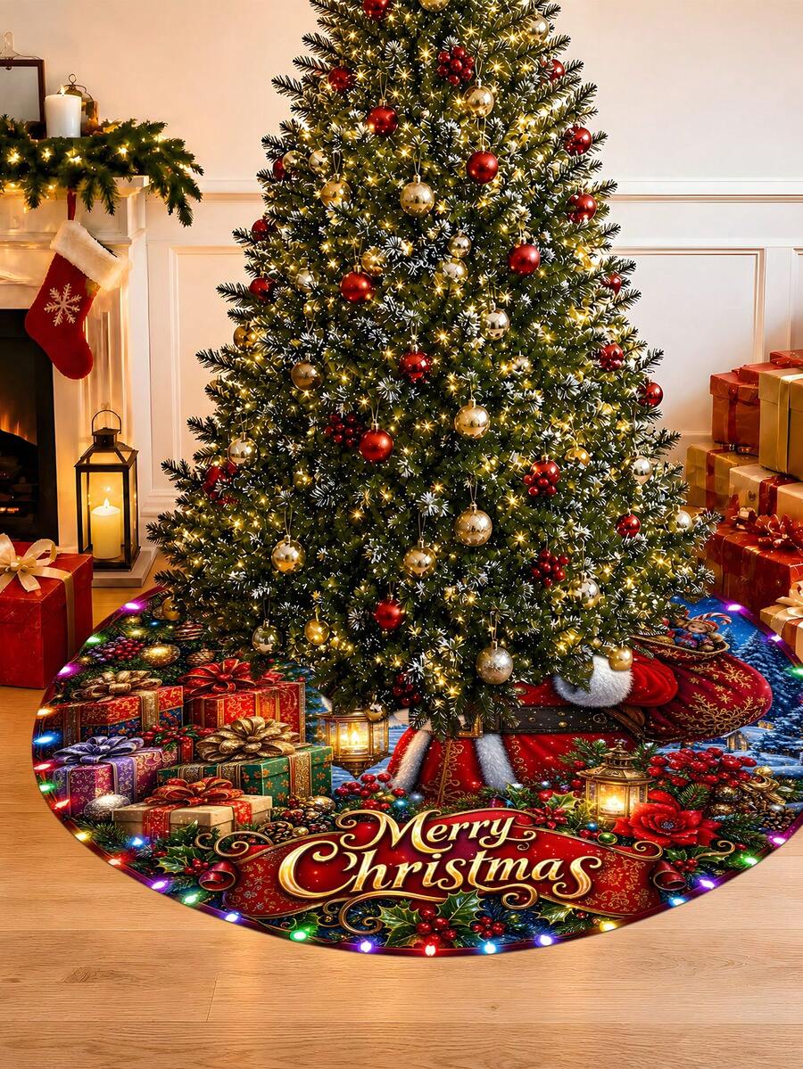 1/100Pcs Christmas Tree Skirt With Christmas Tree, Gift, Santa Claus Patterns, Decorated With Holly Berries, Pine Cones, Christmas Baubles, Bow Design, Round Base, Diameter 60/90CM Optional; Suitable For Winter Party And Home Holiday Decoration, Ideal Christmas Tree Accessory. - Multicolor - View 1