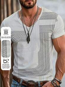 Men's Casual Striped Print V-Neck Short Sleeve T-Shirt, Minimalist Versatile Polyester, Summer - Multicolor - View 2