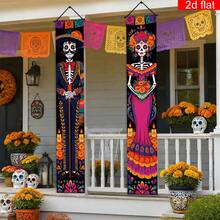 2pcs Mexican Day Of The Dead Porch Banner, Polyester Material, Skull Flower Candle Paper Cut Style Triangular Flag Design, Indoor/Outdoor Use, Home Decor, Front Porch Yard Decoration, Day Of The Dead Party Gathering Decoration - A - View 4